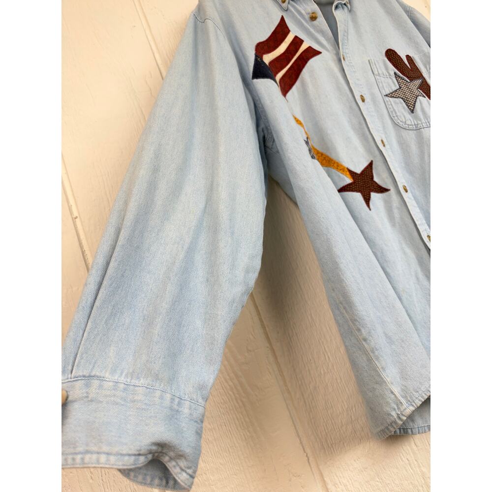 Vintage 90s Three Rivers 2000 Denim Shirt Patriotic Flag Star Applique XL - Picture 3 of 8